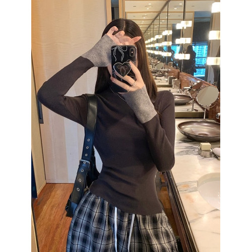 小衆別致撞色半高領內搭長袖針織衫女冬季百搭修身顯瘦打底衫上衣