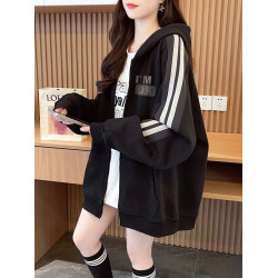 加絨加厚慵懶風字母開衫衛衣女秋冬新款寬松大碼洋氣小衆連帽外套