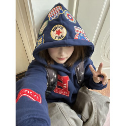 國潮牌藏青色勛章帽衫刺綉衛衣女秋冬加絨加厚寬鬆慵嬾風重磅外套