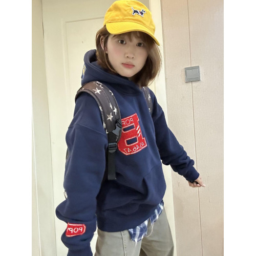 國潮牌藏青色勛章帽衫刺綉衛衣女秋冬加絨加厚寬鬆慵嬾風重磅外套