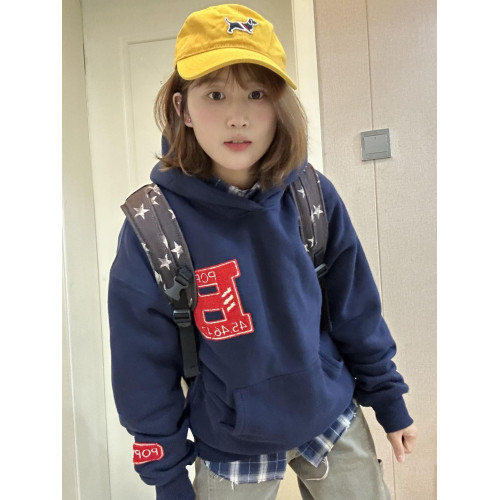 國潮牌藏青色勛章帽衫刺綉衛衣女秋冬加絨加厚寬鬆慵嬾風重磅外套