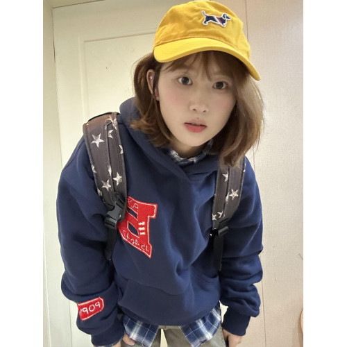 國潮牌藏青色勛章帽衫刺綉衛衣女秋冬加絨加厚寬鬆慵嬾風重磅外套