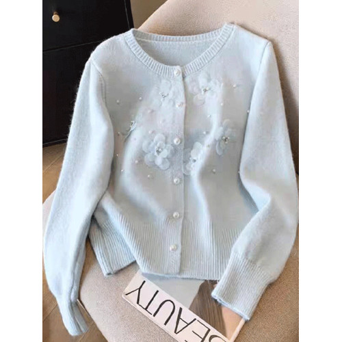 法式優雅絕美重工釘珠立體花朵毛衣針織開衫女秋季款漂亮外套上衣