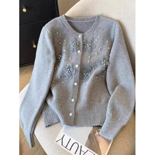 法式優雅絕美重工釘珠立體花朵毛衣針織開衫女秋季款漂亮外套上衣