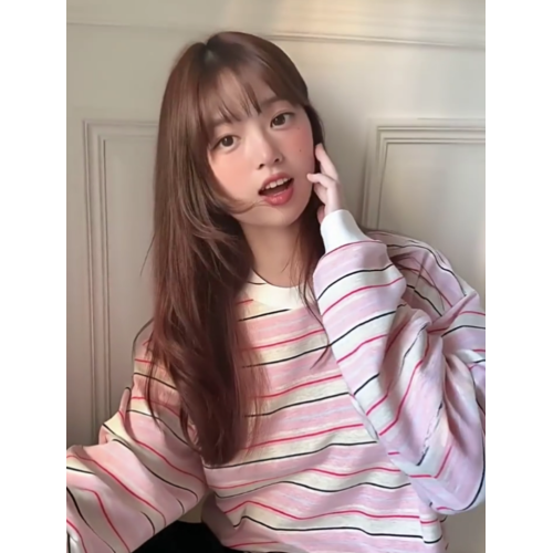 韓系粉色條紋愛心長袖衛衣女秋季2025新款寬松慵懶風無帽圓領上衣 韓系粉色條紋愛心長袖衛衣女秋季2025新款寬松慵懶風無帽圓領上衣