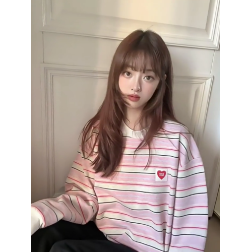 韓系粉色條紋愛心長袖衛衣女秋季2025新款寬松慵懶風無帽圓領上衣 韓系粉色條紋愛心長袖衛衣女秋季2025新款寬松慵懶風無帽圓領上衣