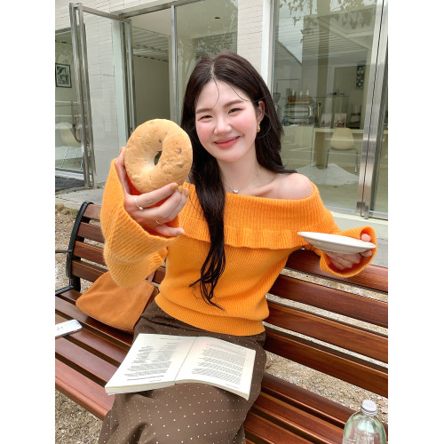 火火火【秋風微瀾】韓版溫柔風一字肩毛衣女修身露肩氣質針織衫