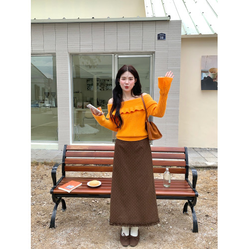 火火火【秋風微瀾】韓版溫柔風一字肩毛衣女修身露肩氣質針織衫