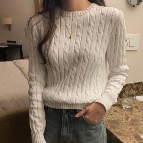 妞妞家秋季新品女士純棉圓領復古麻花長袖經典百搭套頭毛衣8590