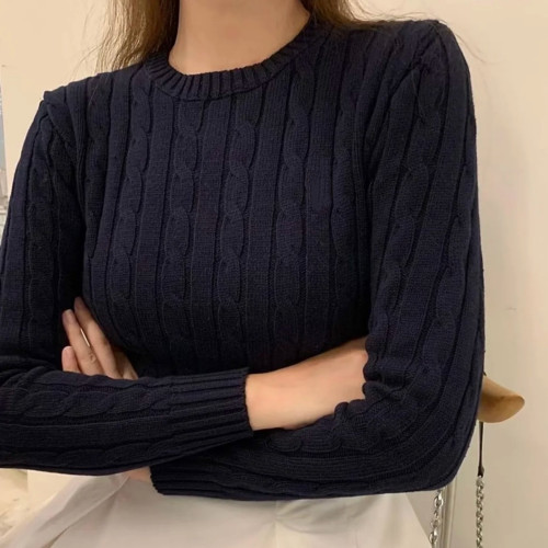 妞妞家秋季新品女士純棉圓領復古麻花長袖經典百搭套頭毛衣8590