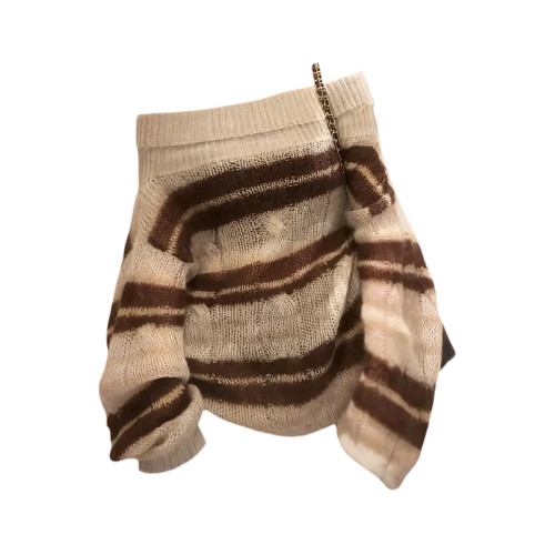 大碼胖妹妹美拉德氣質辣妹一字肩翻領條紋針織衫女時尚慵懶風上衣