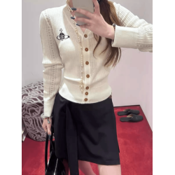 2025早秋新款西太後土星羊毛針織開衫提花V領長袖刺綉印花外套女