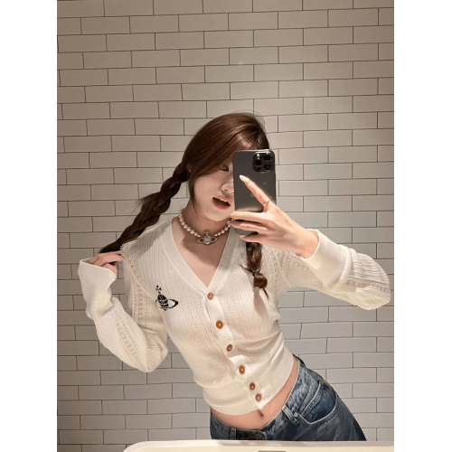 2025早秋新款西太後土星羊毛針織開衫提花V領長袖刺綉印花外套女