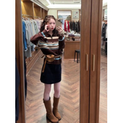 美式復古寬松顯瘦百搭條紋撞色針織衫上衣2025早秋季翻領毛衣女潮