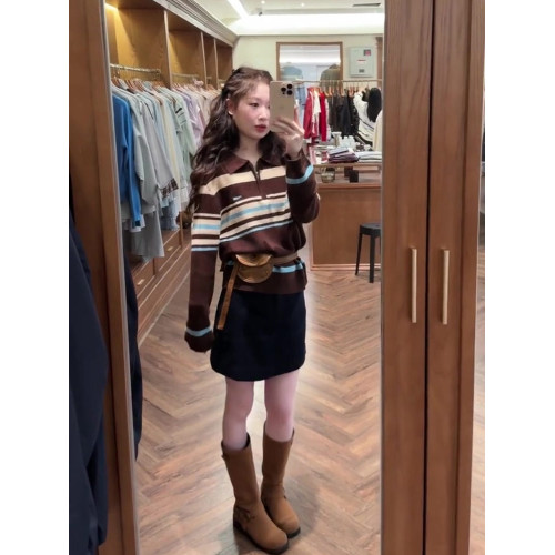 美式復古寬松顯瘦百搭條紋撞色針織衫上衣2025早秋季翻領毛衣女潮