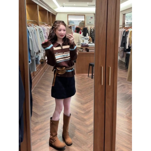 美式復古寬松顯瘦百搭條紋撞色針織衫上衣2025早秋季翻領毛衣女潮