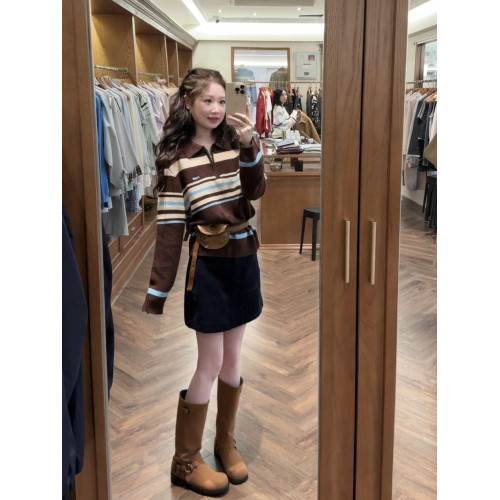 美式復古寬松顯瘦百搭條紋撞色針織衫上衣2025早秋季翻領毛衣女潮