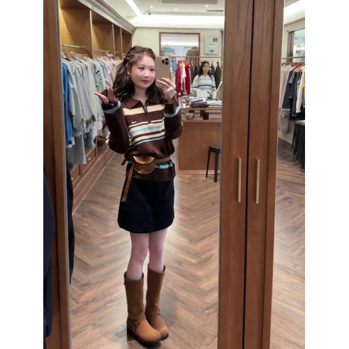 美式復古寬松顯瘦百搭條紋撞色針織衫上衣2025早秋季翻領毛衣女潮