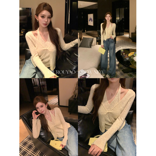 邱肉瑤 扭結假兩件掛脖針織衫女露肩春季修身慵嬾風短款v領上衣