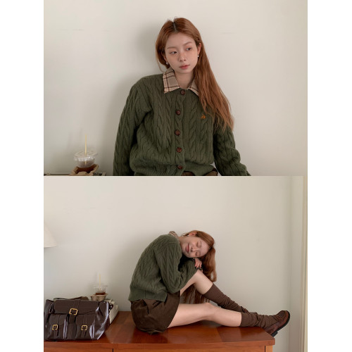 紅人館針織開衫女秋季穿搭2025新款韓系長袖上衣綠色寬鬆毛衣外套