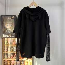 亞文化重工毛圈高克重男女春秋款假兩件寬松休閒百搭連帽網紗袖