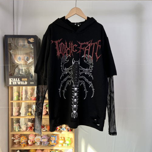 亞文化重工毛圈高克重男女春秋款假兩件寬松休閒百搭連帽網紗袖 亞文化重工毛圈高克重男女春秋款假兩件寬松休閒百搭連帽網紗袖