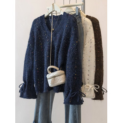 2025新款爆款藏藍色彩點長袖毛衣大碼女裝胖mm秋季遮肚針織衫上衣