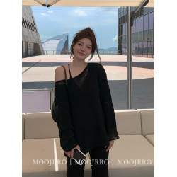 黑色斜肩長袖毛衣女秋季寬松慵懶風休閒顯瘦松弛感針織衫露肩上衣