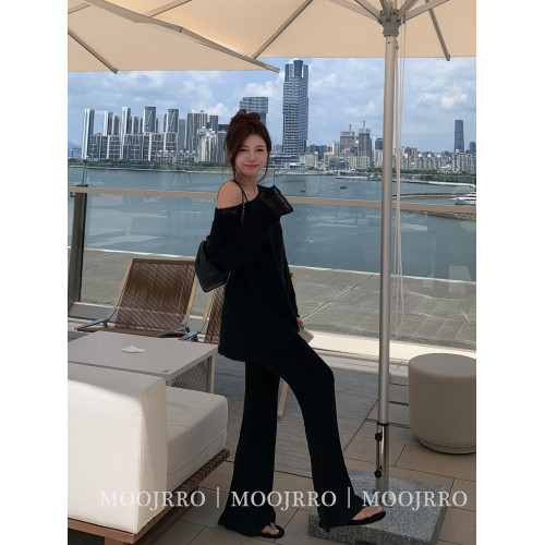 黑色斜肩長袖毛衣女秋季寬松慵懶風休閒顯瘦松弛感針織衫露肩上衣 黑色斜肩長袖毛衣女秋季寬松慵懶風休閒顯瘦松弛感針織衫露肩上衣
