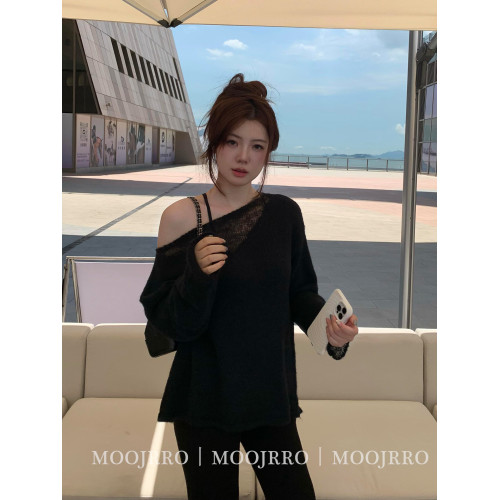 黑色斜肩長袖毛衣女秋季寬松慵懶風休閒顯瘦松弛感針織衫露肩上衣 黑色斜肩長袖毛衣女秋季寬松慵懶風休閒顯瘦松弛感針織衫露肩上衣