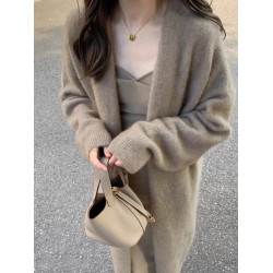 慵懶感小香風過膝中長款針織開衫女寬松甜美軟糯溫柔純色毛衣外套