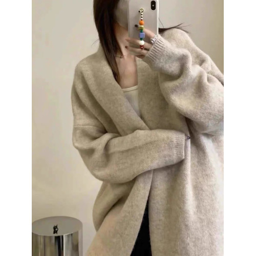 慵懶感小香風過膝中長款針織開衫女寬松甜美軟糯溫柔純色毛衣外套