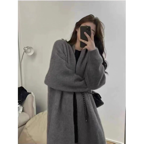 慵懶感小香風過膝中長款針織開衫女寬松甜美軟糯溫柔純色毛衣外套