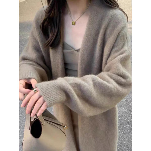 慵懶感小香風過膝中長款針織開衫女寬松甜美軟糯溫柔純色毛衣外套