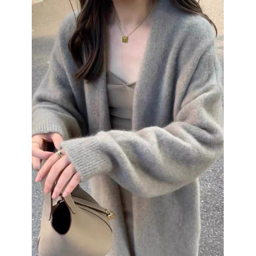 慵懶感小香風過膝中長款針織開衫女寬松甜美軟糯溫柔純色毛衣外套