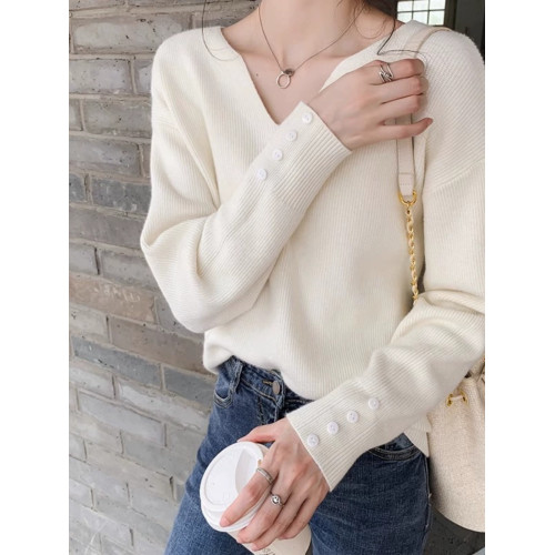2025早秋新款套頭內搭寬松百搭顯瘦V領毛衣長袖針織打底衫女上衣