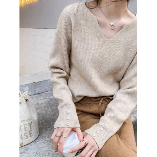 2025早秋新款套頭內搭寬松百搭顯瘦V領毛衣長袖針織打底衫女上衣