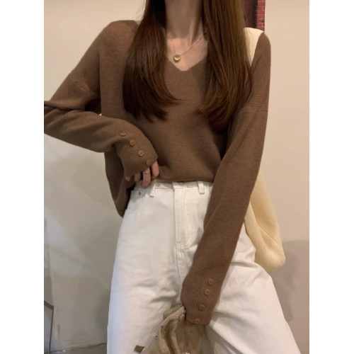 2025早秋新款套頭內搭寬松百搭顯瘦V領毛衣長袖針織打底衫女上衣