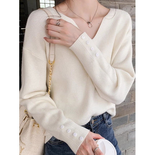 2025早秋新款套頭內搭寬松百搭顯瘦V領毛衣長袖針織打底衫女上衣