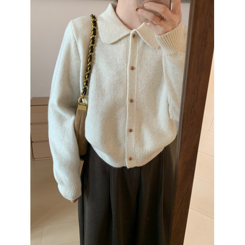 話裡簡約風娃娃領浣熊開衫2025秋季新款韓版繙領顯瘦上衣針織衫女