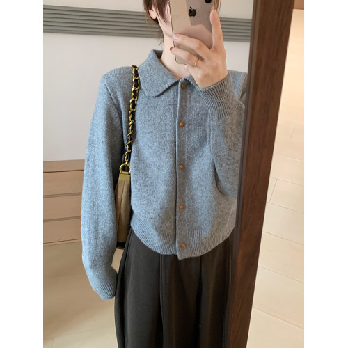 話裡簡約風娃娃領浣熊開衫2025秋季新款韓版繙領顯瘦上衣針織衫女