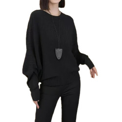 大碼女裝黑色蝙蝠袖圓領針織衫秋季新款胖mm顯瘦寬松小衫長袖上衣