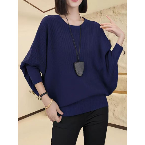 大碼女裝黑色蝙蝠袖圓領針織衫秋季新款胖mm顯瘦寬松小衫長袖上衣