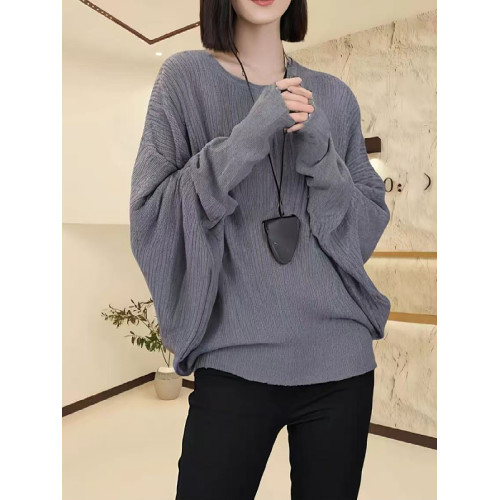 大碼女裝黑色蝙蝠袖圓領針織衫秋季新款胖mm顯瘦寬松小衫長袖上衣