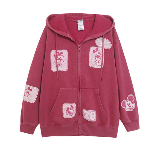 卡通動漫貼布綉時尚俏皮青春連帽長袖拉鍊外套 寬松加絨開衫 卡通動漫貼布綉時尚俏皮青春連帽長袖拉鍊外套 寬松加絨開衫