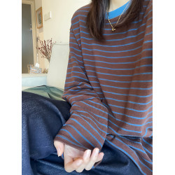 圓領撞色條紋針織長袖t恤女秋季寬松外穿百搭慵懶風顯瘦打底上衣
