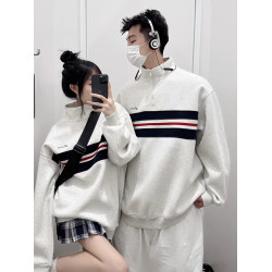 美式復古情侶裝拼接撞色衛衣外套字母刺綉高級感2025秋冬立領上衣