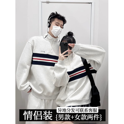 美式復古情侶裝拼接撞色衛衣外套字母刺綉高級感2025秋冬立領上衣 美式復古情侶裝拼接撞色衛衣外套字母刺綉高級感2025秋冬立領上衣