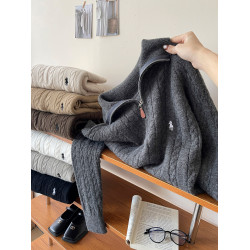 復古半拉鍊翻立領小馬刺綉麻花毛衣女秋松弛感慵懶百搭休閒針織衫