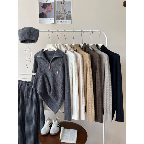 復古半拉鍊翻立領小馬刺綉麻花毛衣女秋松弛感慵懶百搭休閒針織衫